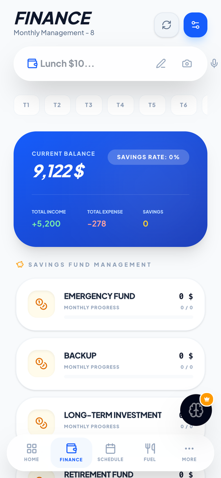 LifesOS Finance view with balance, spending mix, and recent activity