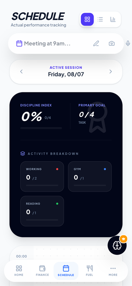 LifesOS Schedule view with daily plans and focus blocks